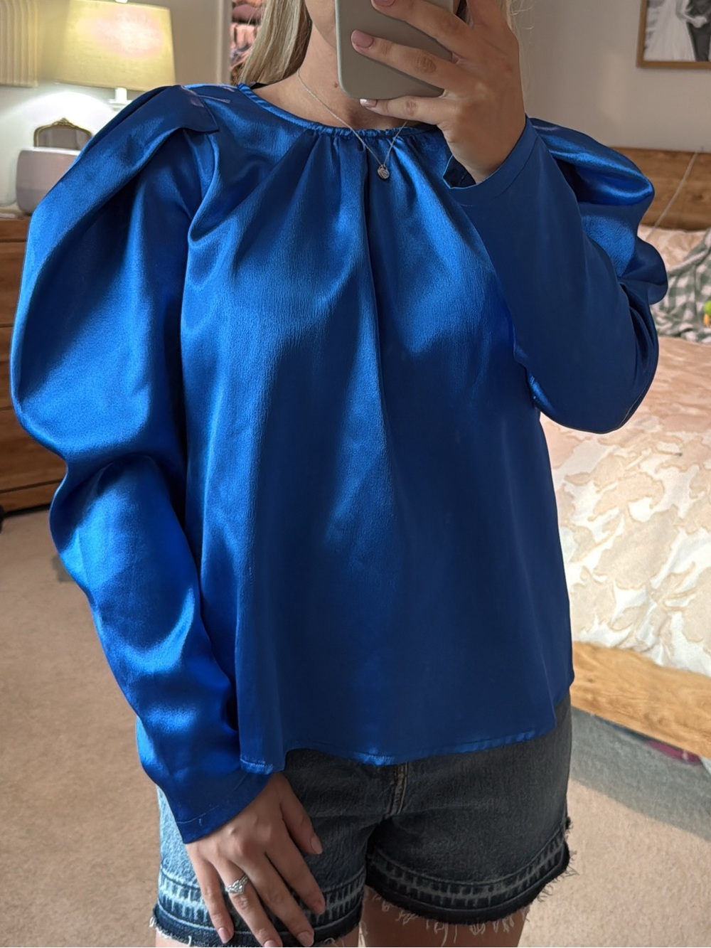 VICI Satin Puff-Sleeve Blouse in Royal Blue
